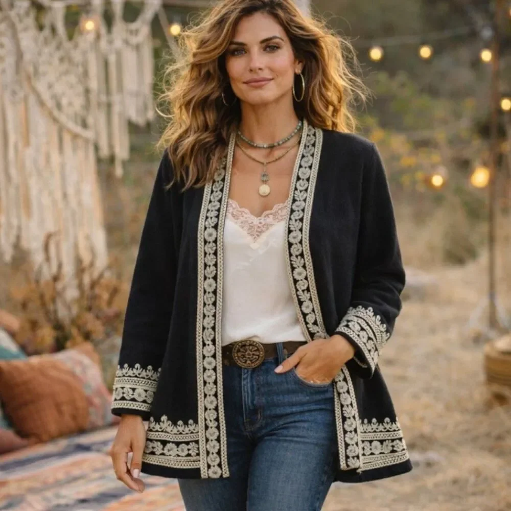 Lucky Brand M Black Embroidered Boho Cardigan Jacket Open Knit India Cotton